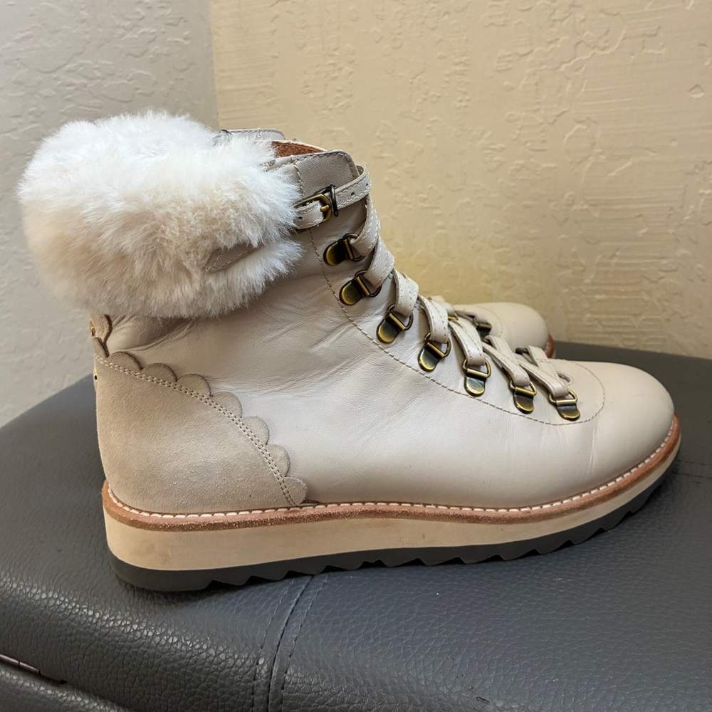 Kate Spade Cream Lace-Up Fur Trim Boots